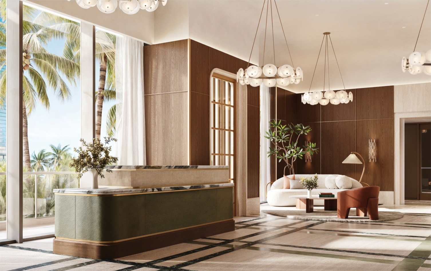 Villa Miami arrival reception — Charles & Co. interiors with fluted glass, lacquer, and brass details.