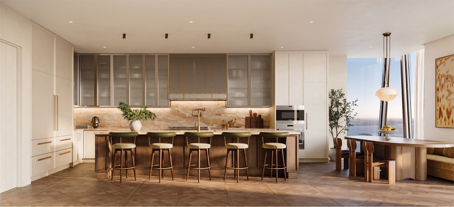 Villa Triplo Penthouse kitchen — Mario Carbone custom design, brass and lacquer details, full Wolf and Sub-Zero suite.