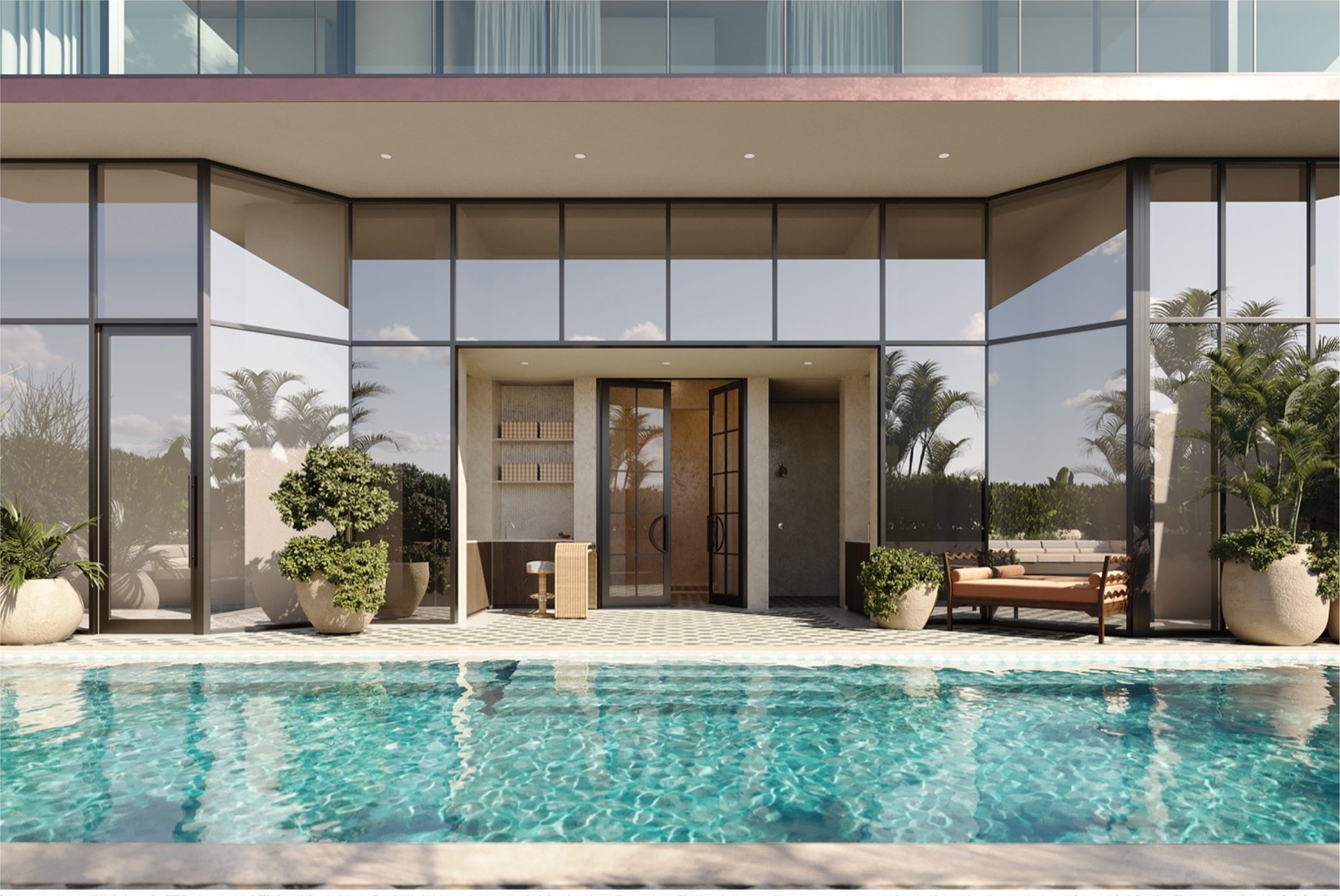Outdoor pool deck at Villa Miami — fully serviced lounges and daybeds with MFG poolside food and beverage service.