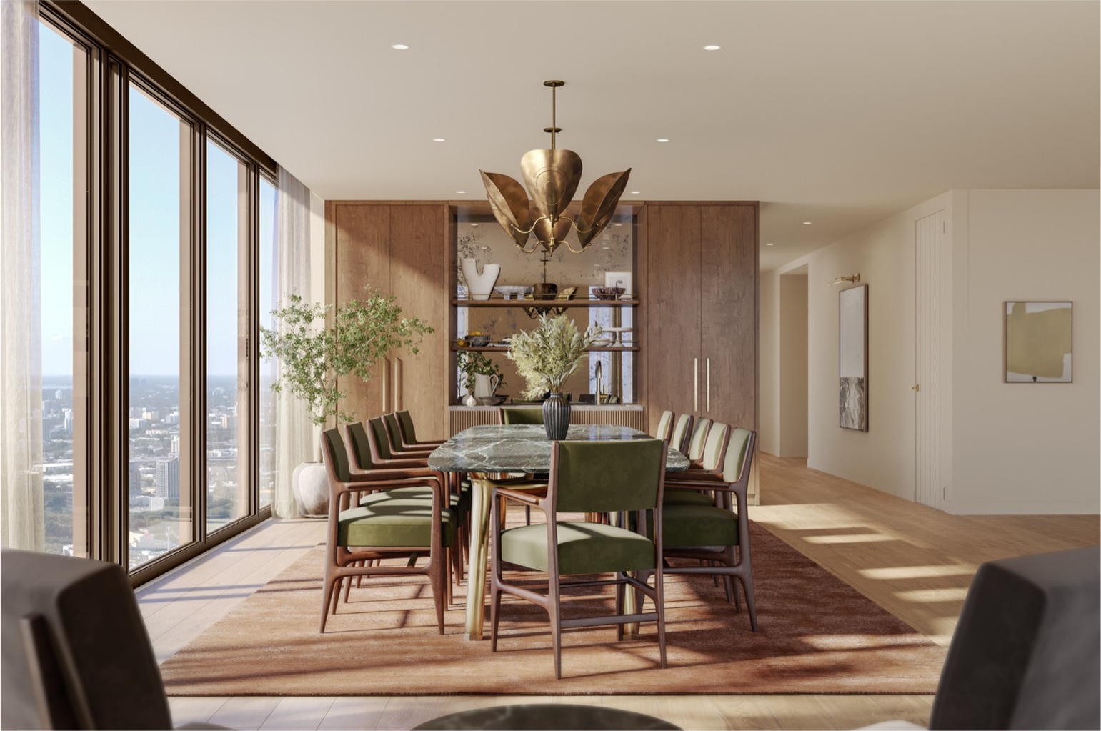 Villa Piano dining area at Villa Miami — open to the great room with Biscayne Bay framing the space.
