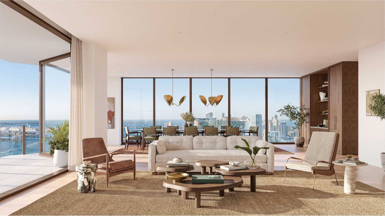 Villa Piano great room at Villa Miami — 10- to 11-foot ceilings, floor-to-ceiling windows, sunrise and sunset terraces over Biscayne Bay.