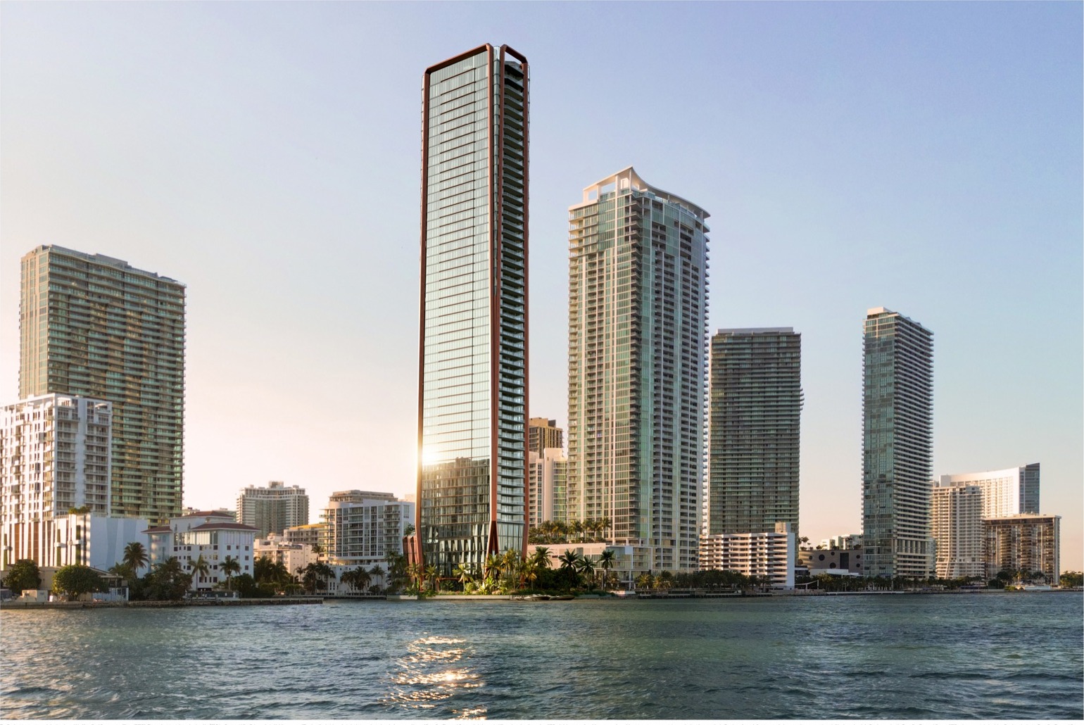 Villa Miami waterfront — premium Biscayne Bay frontage on two sides of the building, with private dock and Lake Como–inspired floating pool.